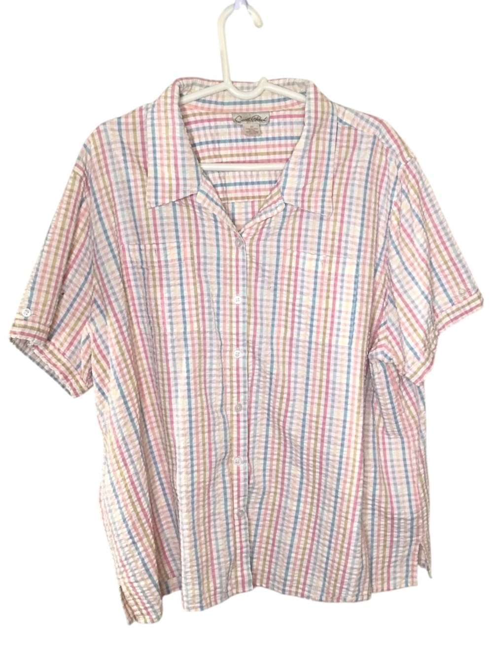 Carroll Reed Seersucker Plaid Button Front Shirt Women's 3X Pastel Short Sleeve